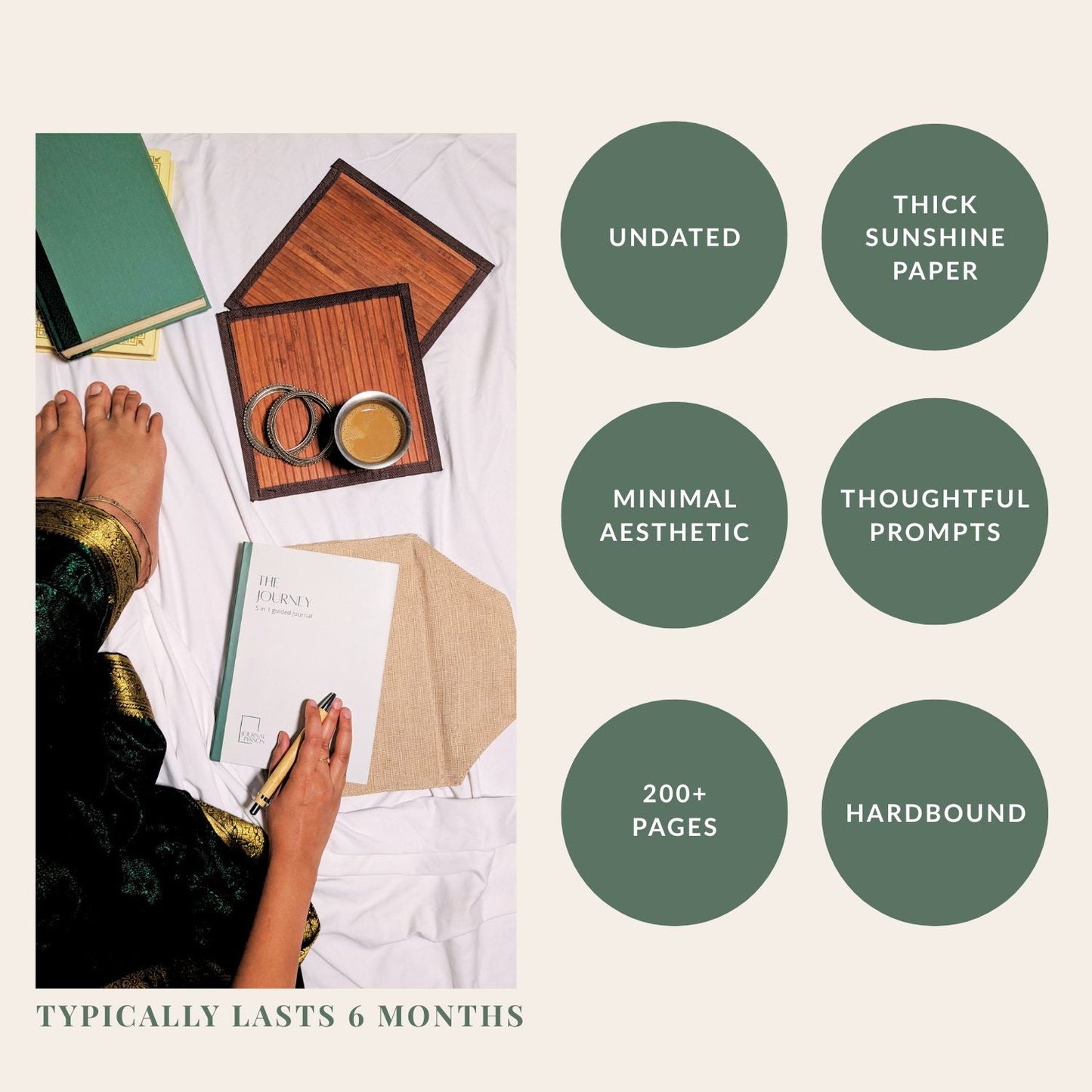 Product description with text and a photo of a person using a planner.